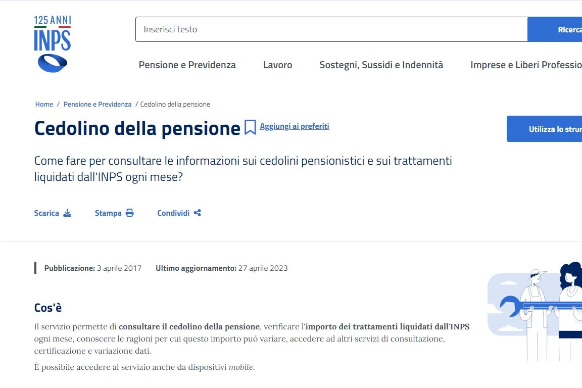 La pagina del sito Inps per il controllo del Cedolino della Pensione