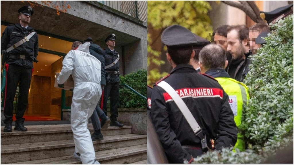 I carabinieri nel palazzo dove è stata uccisa Fiorenza Rancilio. A destra, il figlio della donna Guido Pozzolini Gobbi Rancilio