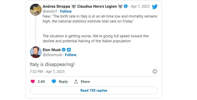 Elon Musk commenta i dati Istat: “L’Italia sta scomparendo”