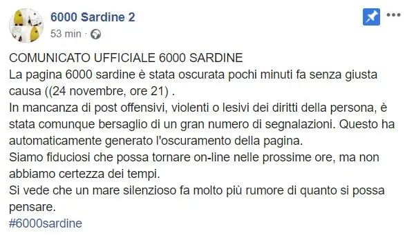 Sardine, Facebook oscura la pagina