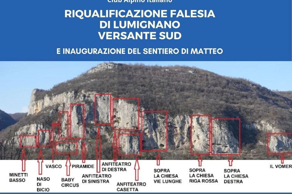 La Falesia di Lumignano con alcune vie per l'arrampicata su roccia