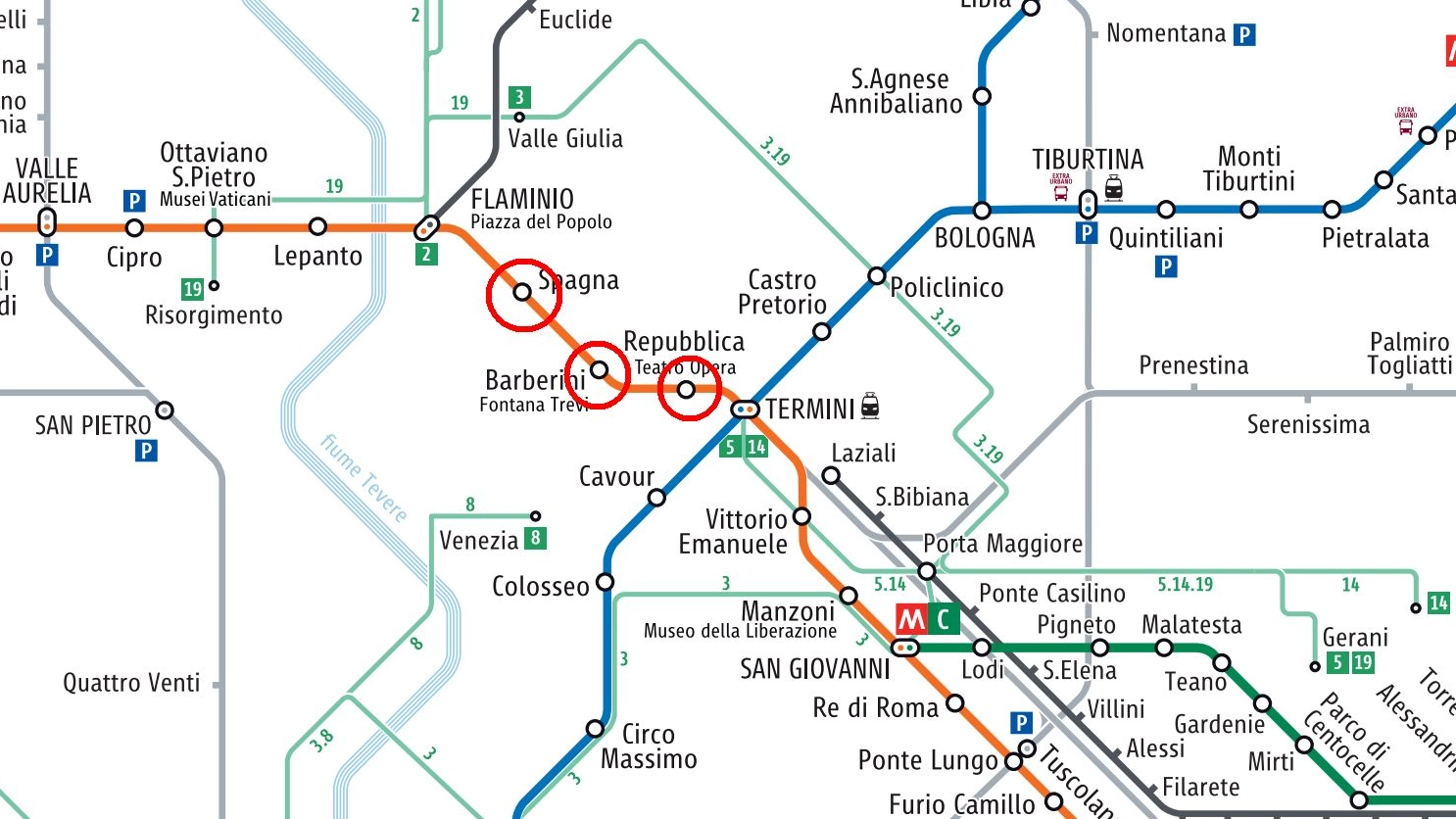 La mappa della metro di Roma con le tre stazioni chiuse