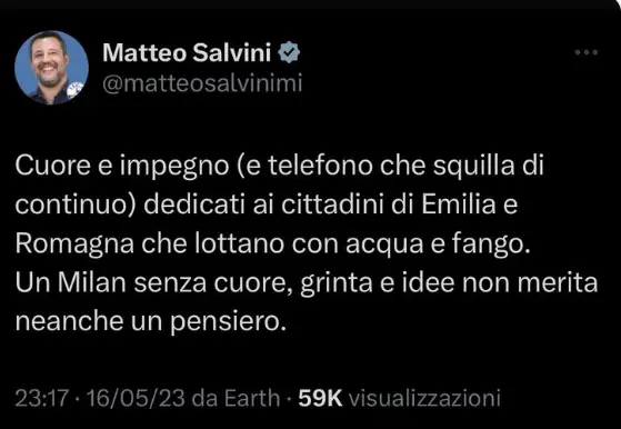 Alluvione in Emilia Romagna, Salvini e il tweet delle polemiche. Mette insieme maltempo e Milan (poi cancella)