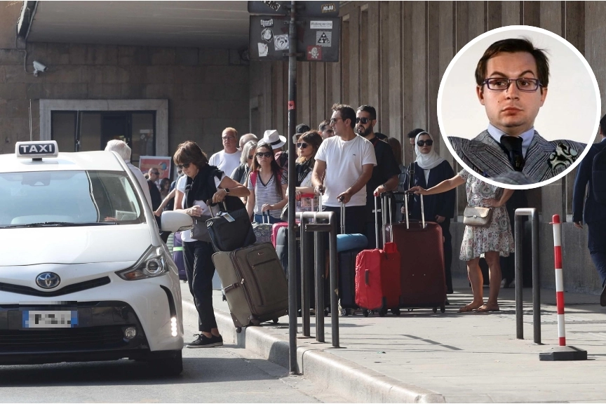 Una fila in attesa di taxi e nel tondo Alberto Mingardi