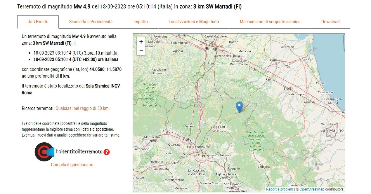 Terremoto oggi a Marradi, Ingv: “Avvertito da Perugia a Trento”