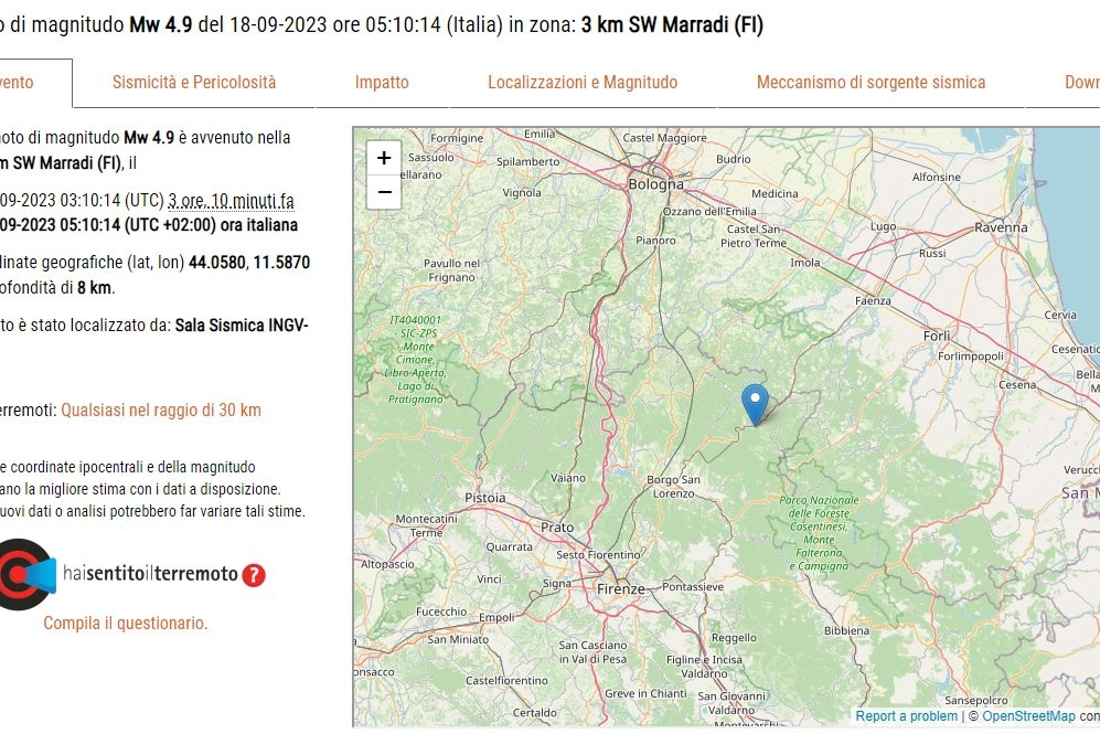 Il sito dell'Ingv con la segnalazione del terremoto a Marradi