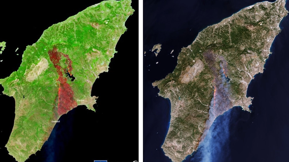 L'area dell'isola di Rodi bruciata dai roghi nelle immagini satellitari dell'Esa