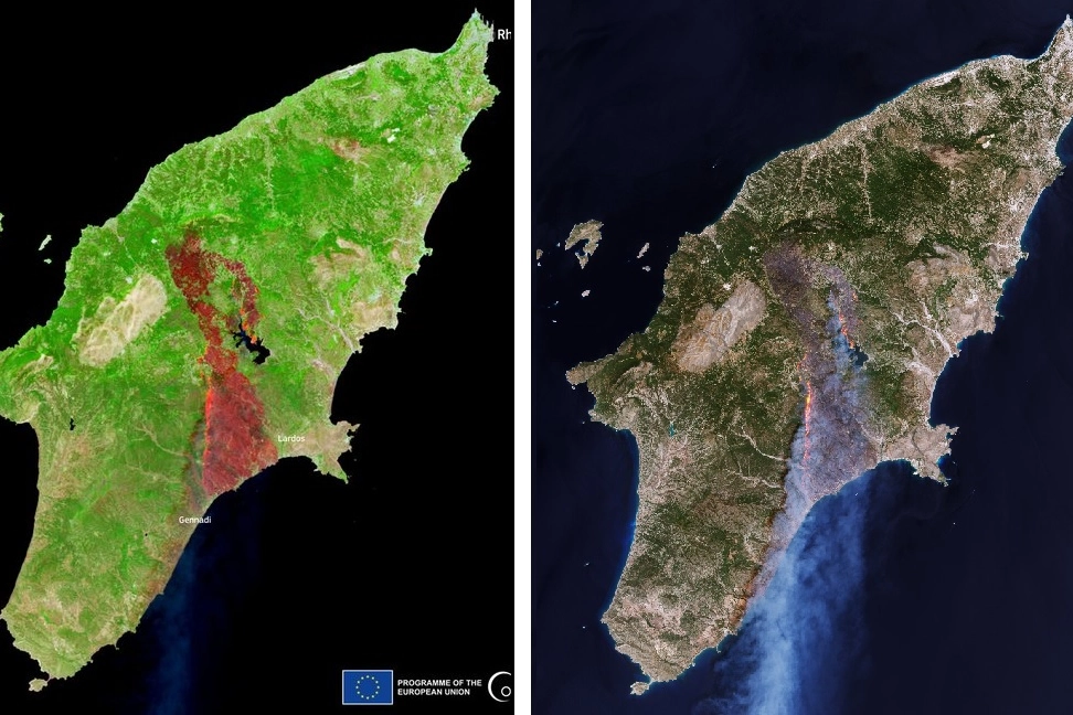 L'area dell'isola di Rodi bruciata dai roghi nelle immagini satellitari dell'Esa