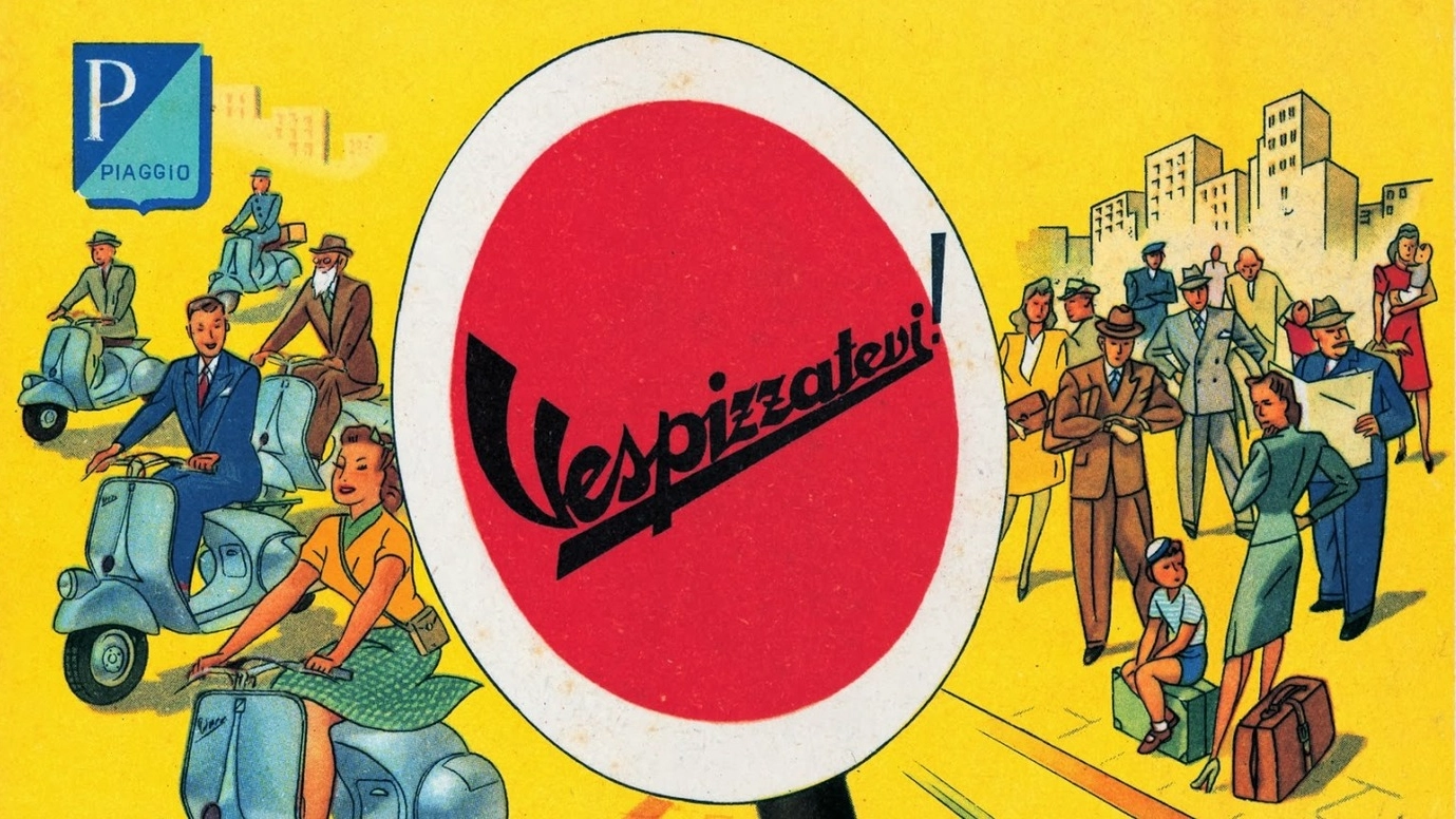 PUBBLICITÀ Una locandina della Vespa che risale  agli anni ’50.  Il lavoro  dei creativi  ha portato allo slogan  ‘Vespizzatevi’