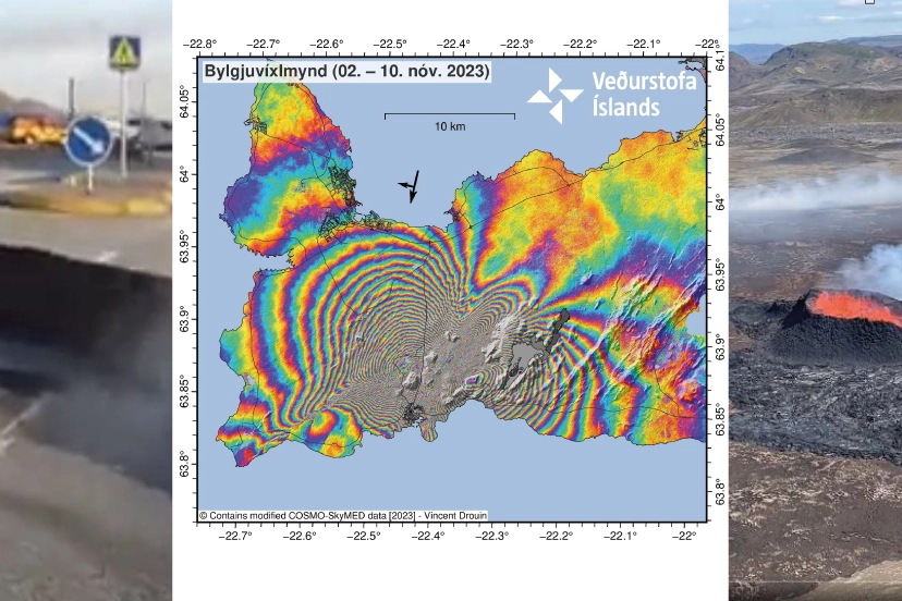 Eruzione in Islanda: strada sollevata, elaborazione satellitare (Cosmo) e la bocca del vulcano Fagradalsfjall