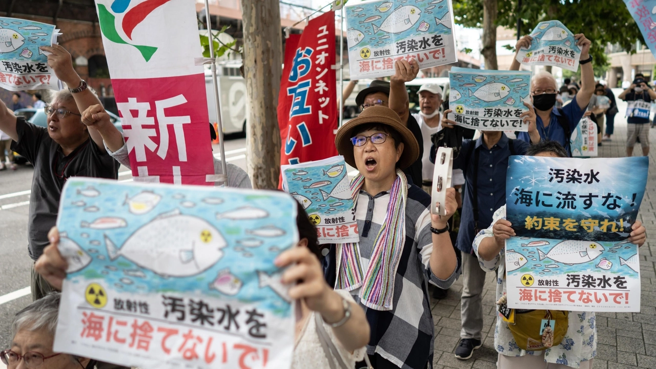 Fukushima: protesta contro lo sversamento dell'acqua radioattiva nell'Oceano (Ansa)