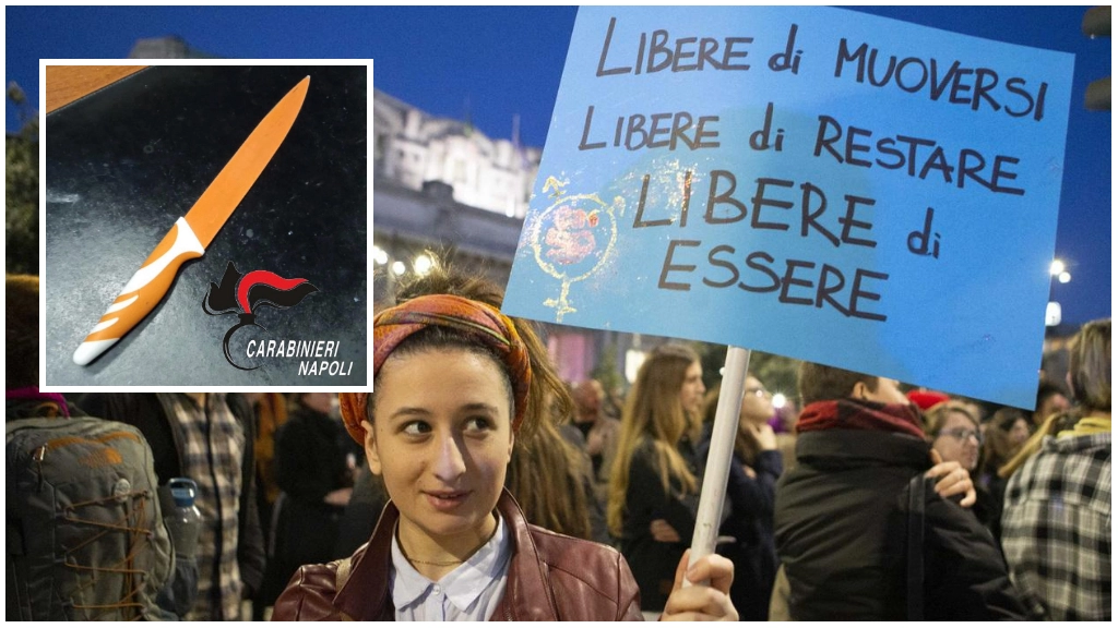 Manifestazione contro la violenza sulle donne. Nel box: il coltello usato dal 38enne