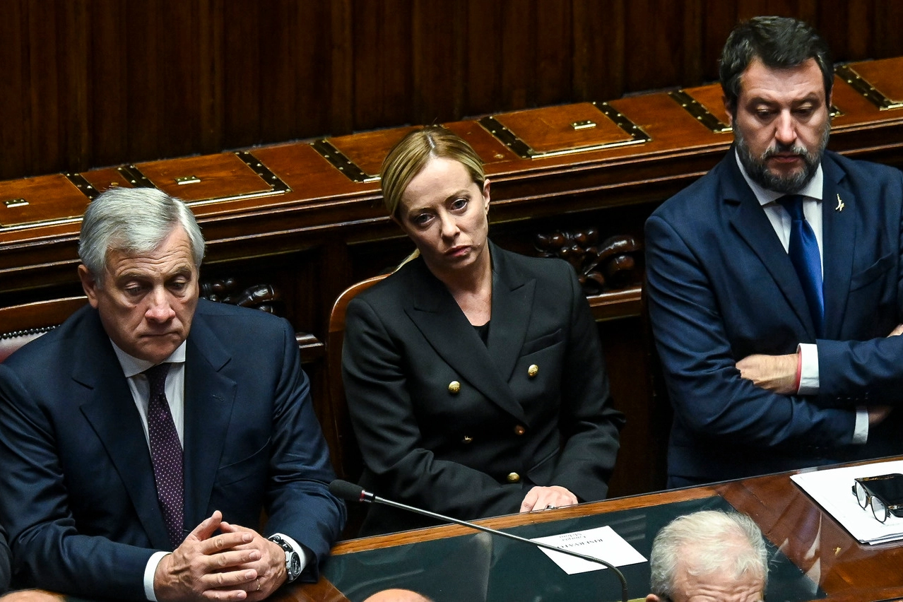 Da sinistra: Antonio Tajani, 70 anni, Giorgia Meloni, 46 anni, e Matteo Salvini, 50 anni