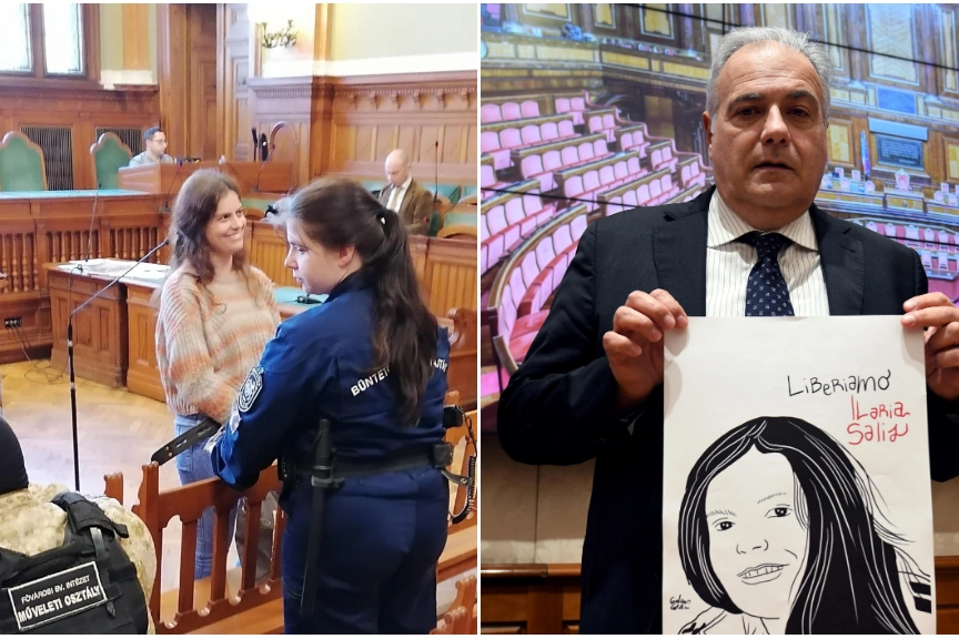 A sinistra, Ilaria Salis in aula di tribunale a Budapest; a destra il padre Roberto Salis