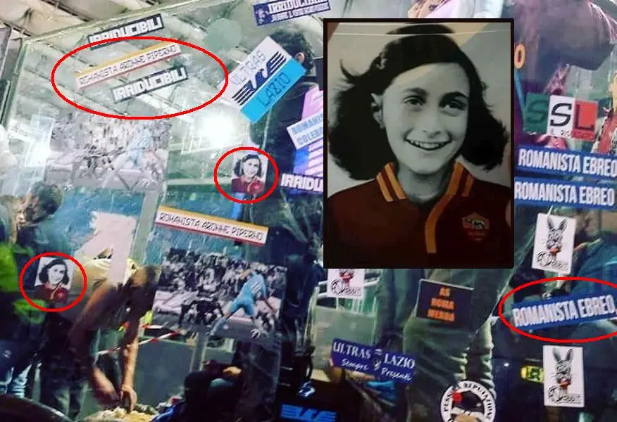 Anna Frank con la maglia della Roma: adesivi antisemiti dei laziali nella Curva Sud