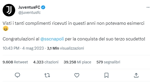 Juventus, il tweet ironico sullo scudetto del Napoli. E scoppia la polemica social