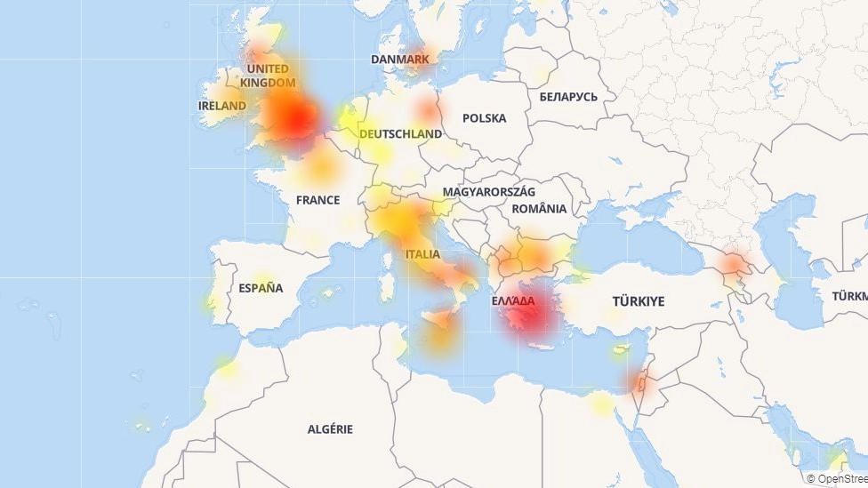 La mappa dei disagi su Facebbok dal sito DownDetector