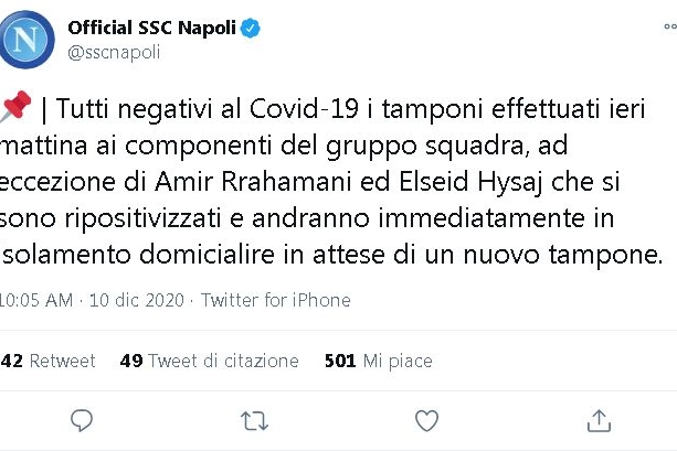 Il tweet del Napoli su Amir Rrahamani ed Elseid Hysaj sono nuovamente positivi