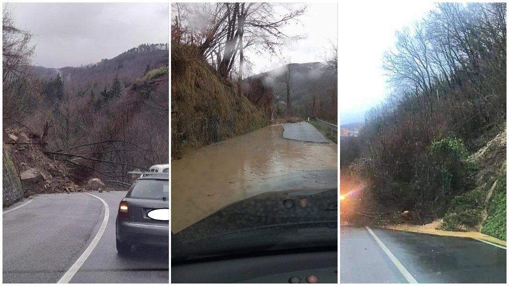 Tre frane in Toscana nella giornata del 27 febbraio: da sinistra a Vernio, nei dintorni di S. Stefano Magra e a Casola in Lunigiana