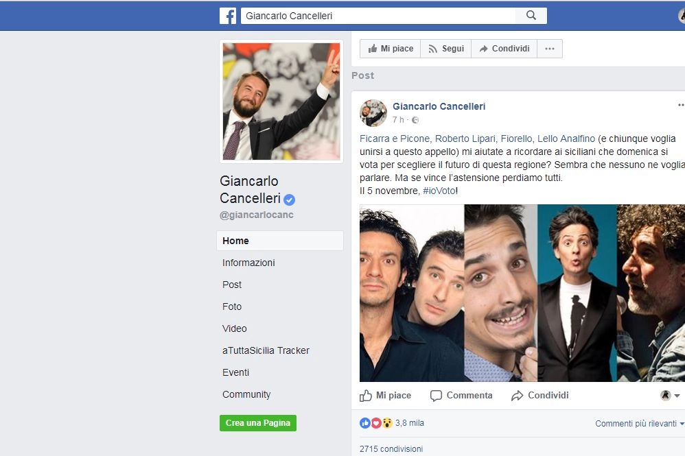 Il post del candidato grillino Giancarlo Cancelleri