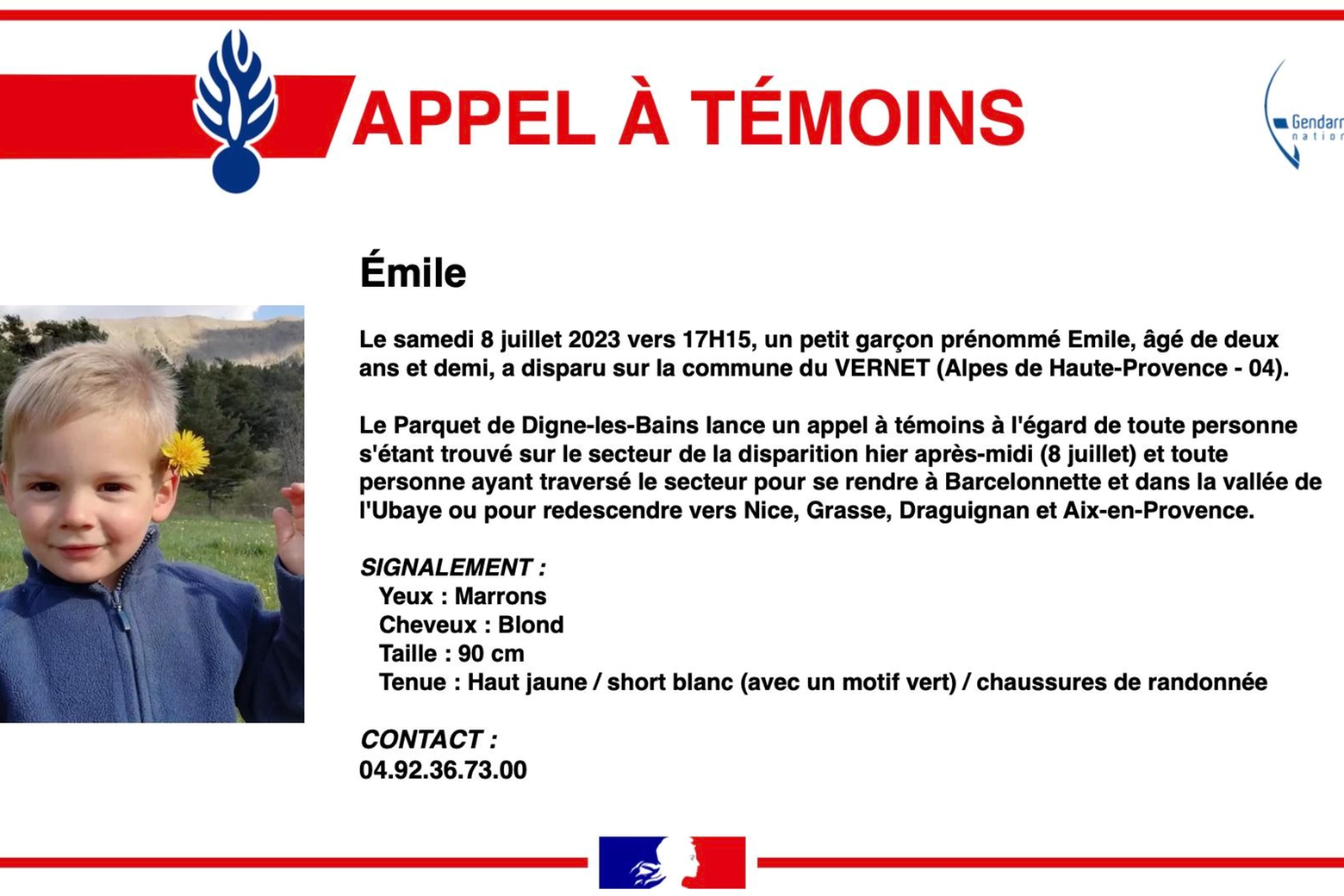 L'appello diffuso dalle autorità subito dopo la scomparsa di Emile