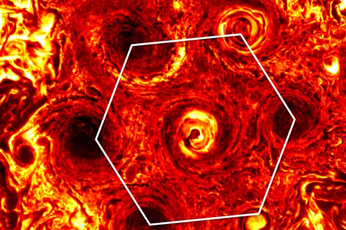 Giove, cicloni di fuoco al Polo Sud formano esagono