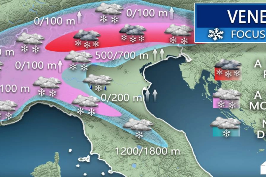 Meteo, la neve prevista venerdì (3bmeteo.com)