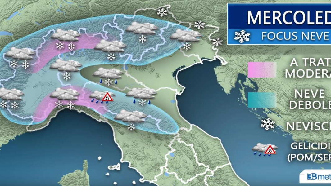 La neve in pianura secondo le previsioni di 3bmeteo.com