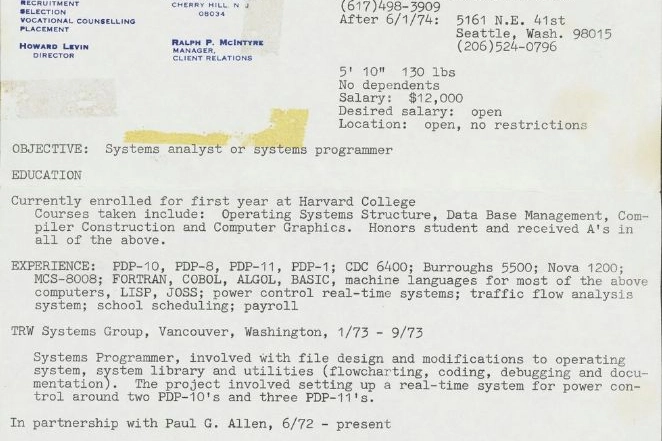 Il cv di Bill Gates del 1974