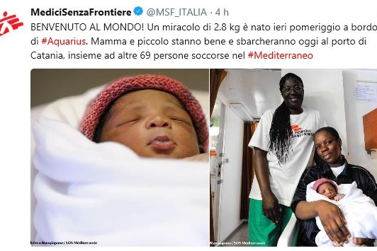 Miracle, Miracolo, il bambino nato sabato 26 maggio a bordo della Aquarius (Dire)