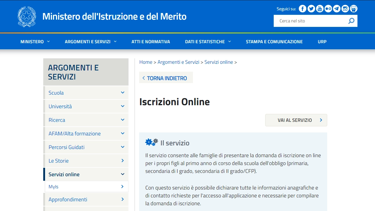 Il portale del Miur con la sezione per le iscrizioni online