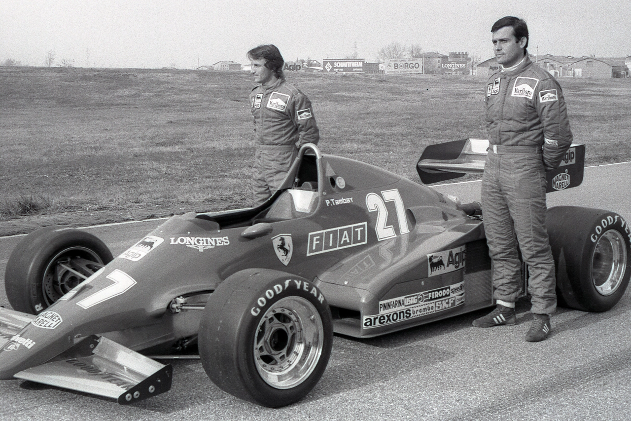 1983 Misano Adriatico presentazione nuova Ferrari con i piloti Rene Arnoux, Patrick Tambay