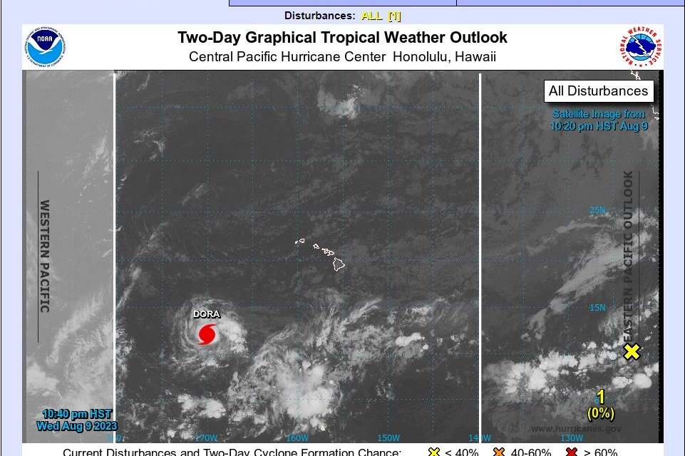 L'evoluzione dell'Uragano 'Dora' sull'Oceano Pacifico, la schermata è elaborata dal National Hurricane Center e Central Pacific Hurricane Center