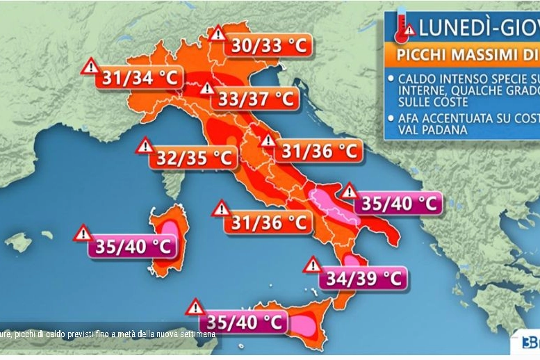 3Bmeteo: previste temperature oltre i 40°