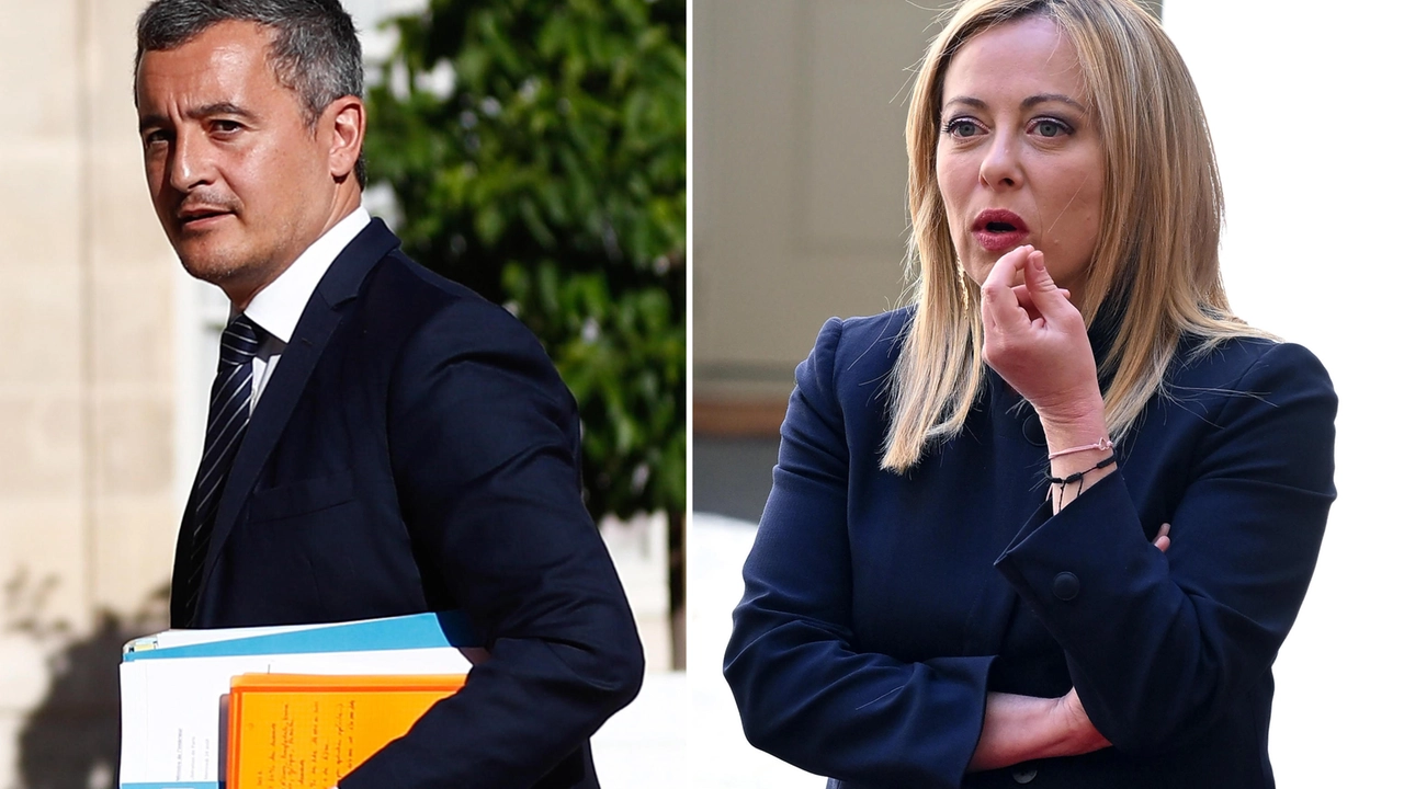 Una combo del ministro degli Interni francese Gerald Darmanin e della presidente del Consiglio italiana Giorgia Meloni