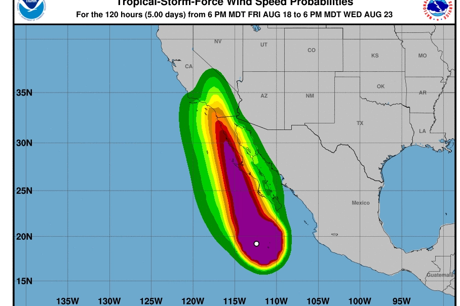 Uragano Hilary, la mappa del Noaa sulla forza dei venti previsti