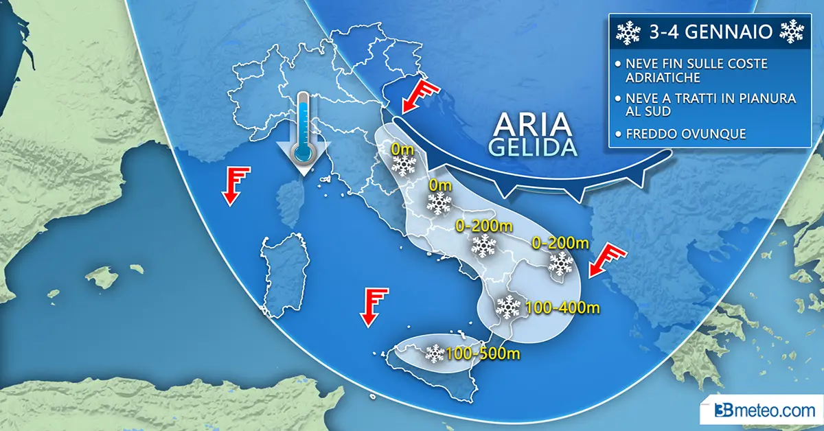 Meteo, neve in arrivo, fino in Puglia. Dove e quando cadrà. Accumuli, città, mappe