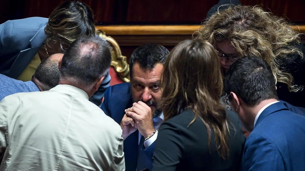 Matteo Salvini in aula al Senato al termine del voto sulle mozioni Tav (Ansa)