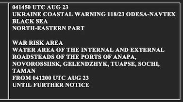 Avviso di blocco dei porti russi da parte della marina ucraina