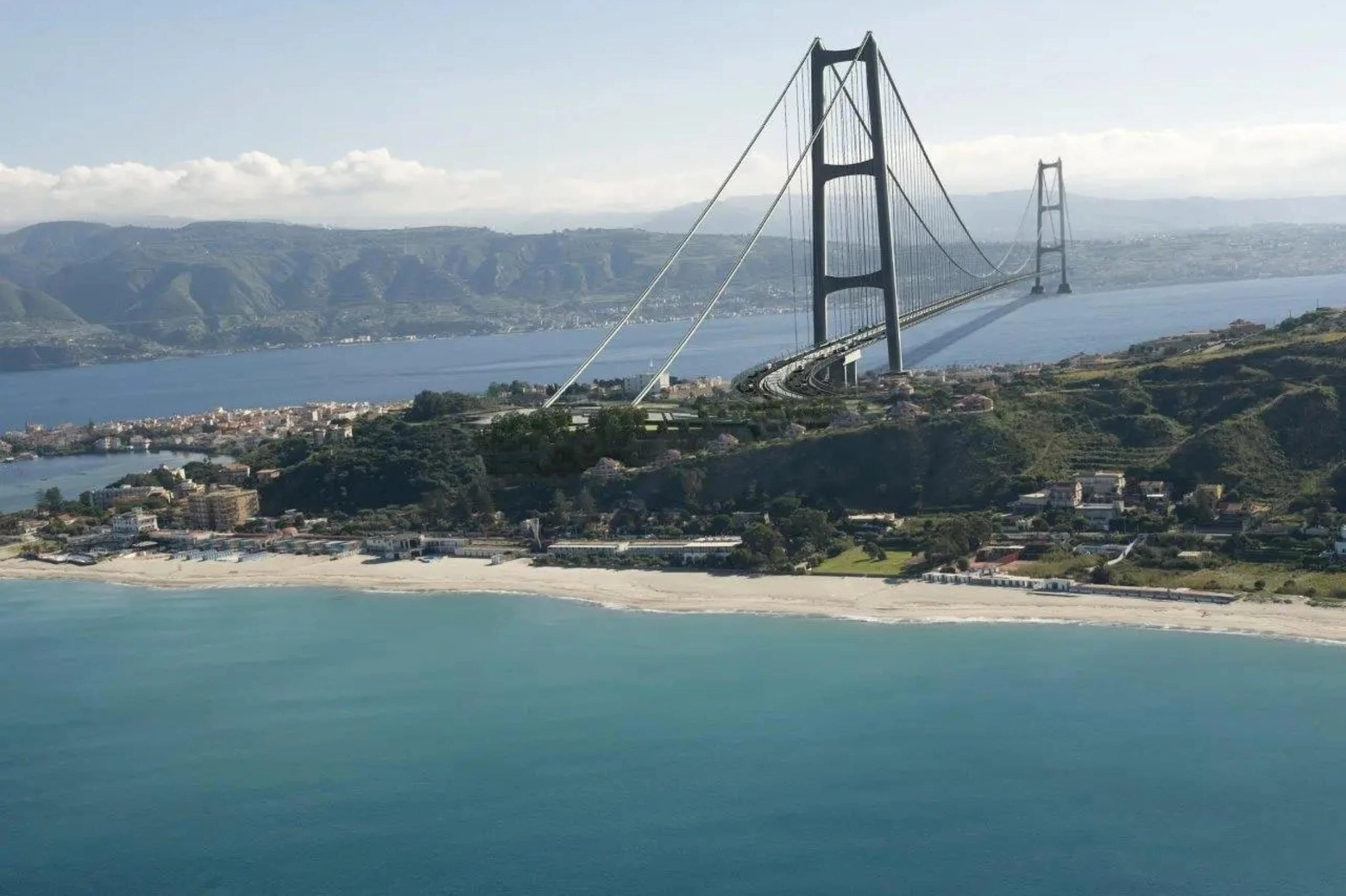 Il rendering del progetto per il Ponte sullo Stretto di Messina (Ansa)