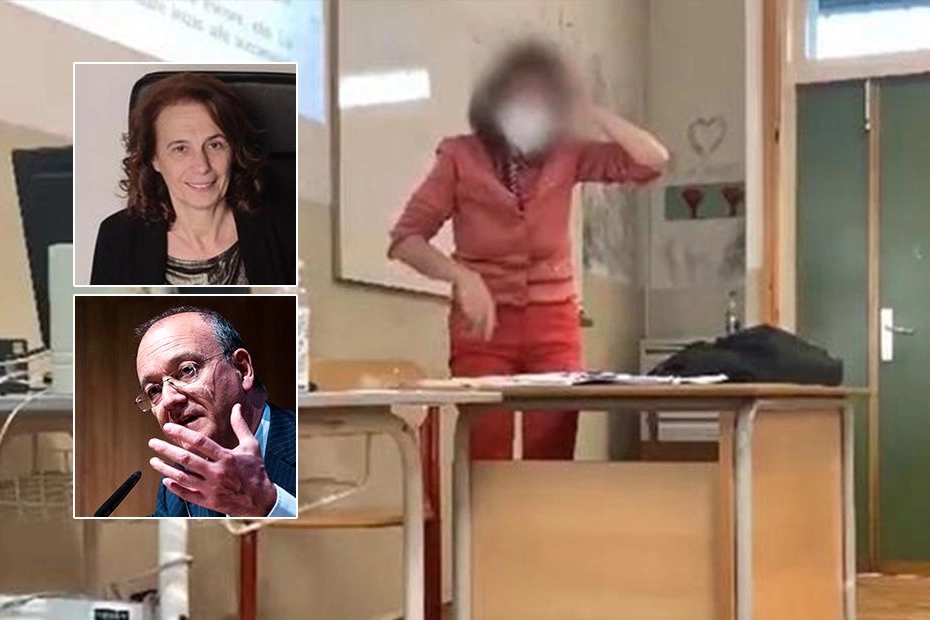 La prof raggiunta dai proiettili di gomma durante la lezione. Nel riquadro la docente Finatti e il ministro Valditara