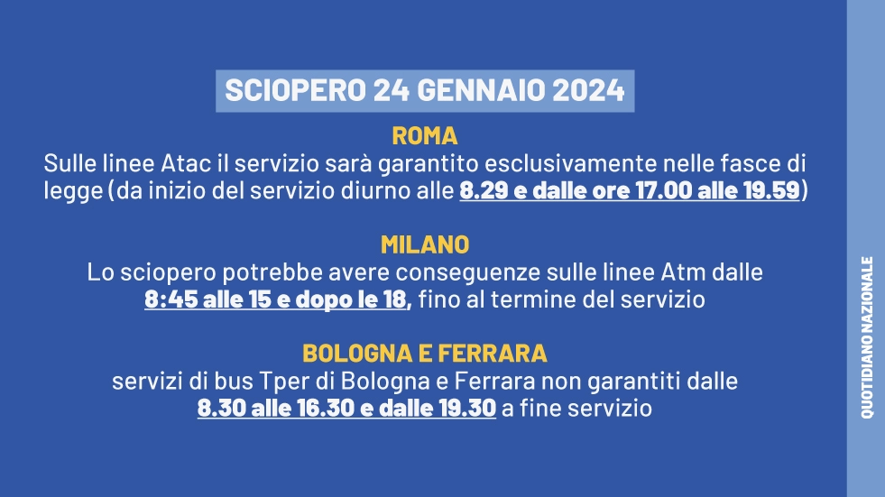 Sciopero trasporto pubblico locale 24 gennaio 2024: da Roma a Milano, orari e servizi garantiti