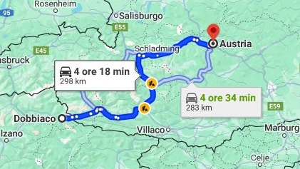 La mappa dell'auto in fuga: dopo l'avvistamento sulla strada per Dobbiaco (Trentino), la Fiat Punto è stata intercettata al confine con l'Austria