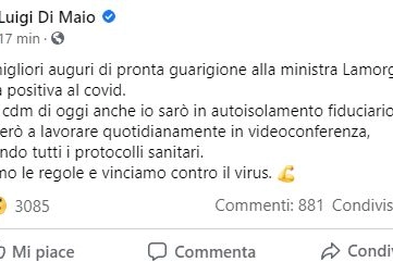 Di Maio su Facebook: Auguri a Lamorgese. Io sarò in isolamento