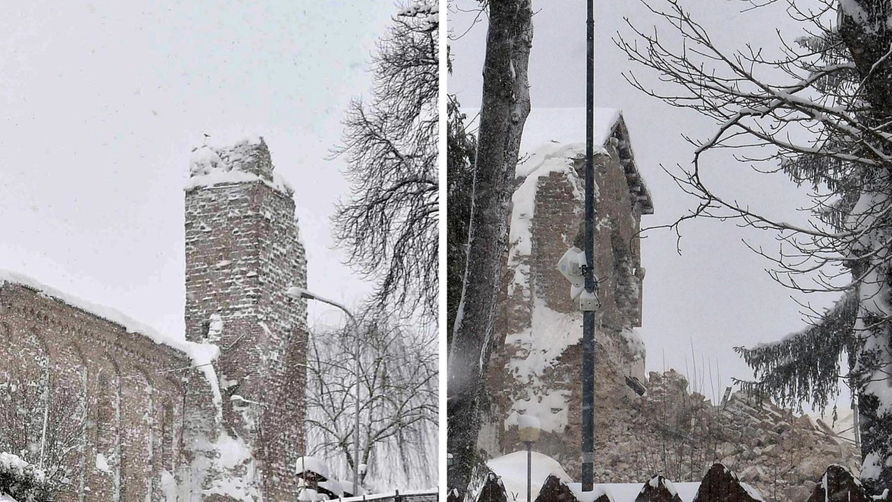 Il campanile di Amatrice prima e dopo il terremoto del 18 gennaio (Ansa)