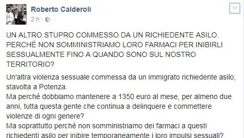 Stupri, Calderoli: "Castrazione chimica per i migranti finché sono in Italia"