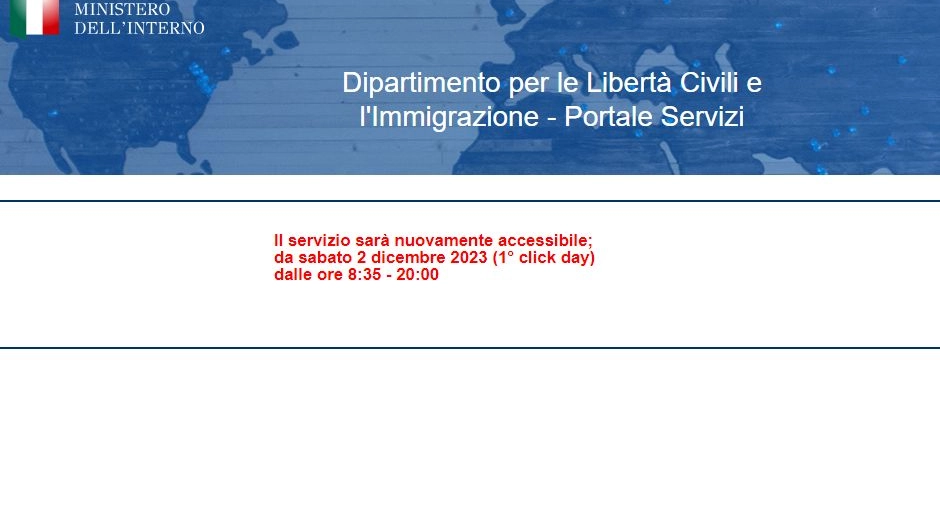 Decreto flussi, la schermata del sito del ministero dell'Interno per l'immigrazione. Sarà attivo per il click day da sabato alle 8.35
