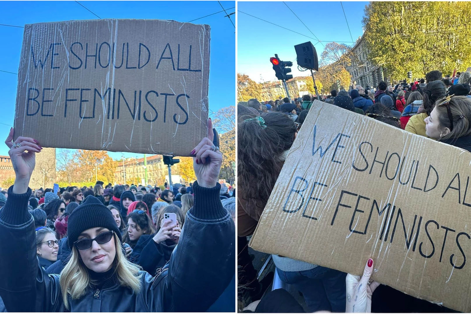 Chiara Ferragni al presidio in Largo Cairoli e il cartello che recita: "Dovremmo tutti esser femministi"