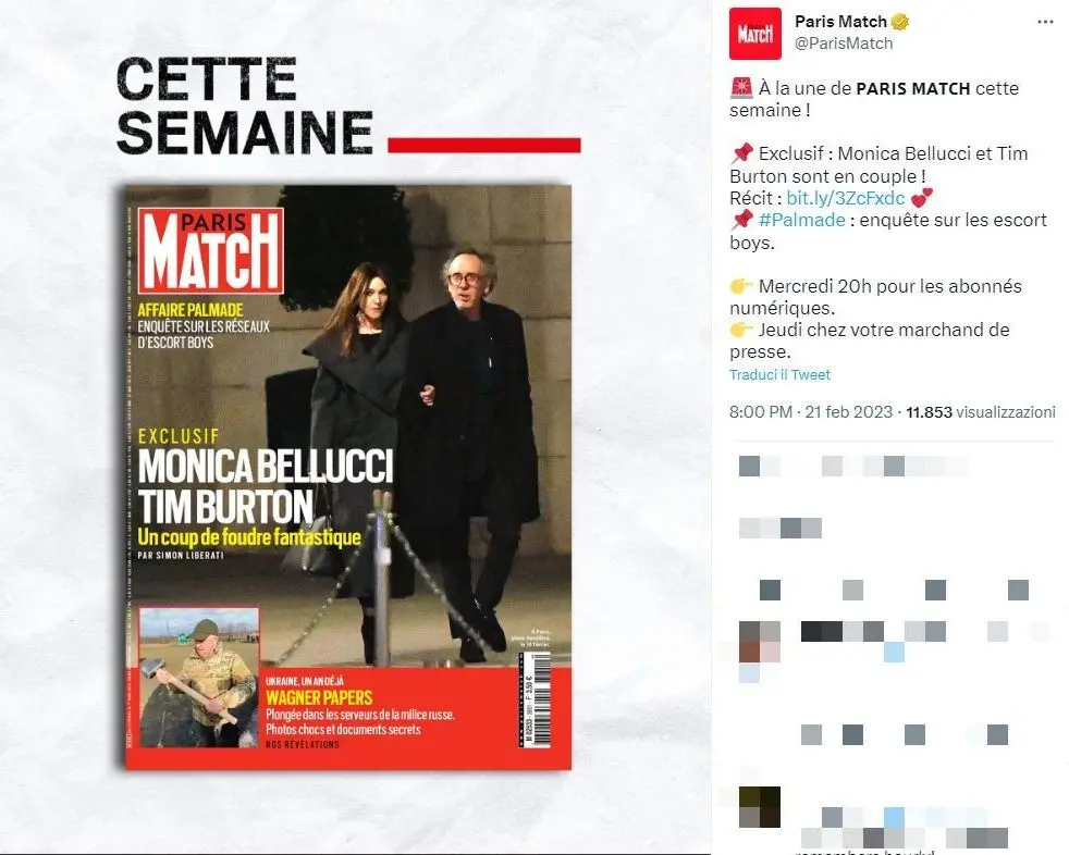 Monica Bellucci e Tim Burton sono una coppia? La foto insieme a Parigi