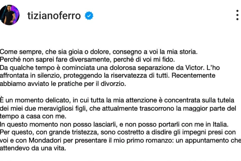 Il post di Tiziano Ferro su Instagram